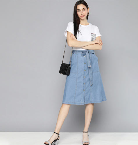 Women Blue Solid Denim A-line Skirt
